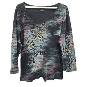 Katina Marie Womens Wearable Art Top Large Floral Embellished 3/4 Sleeve Casual